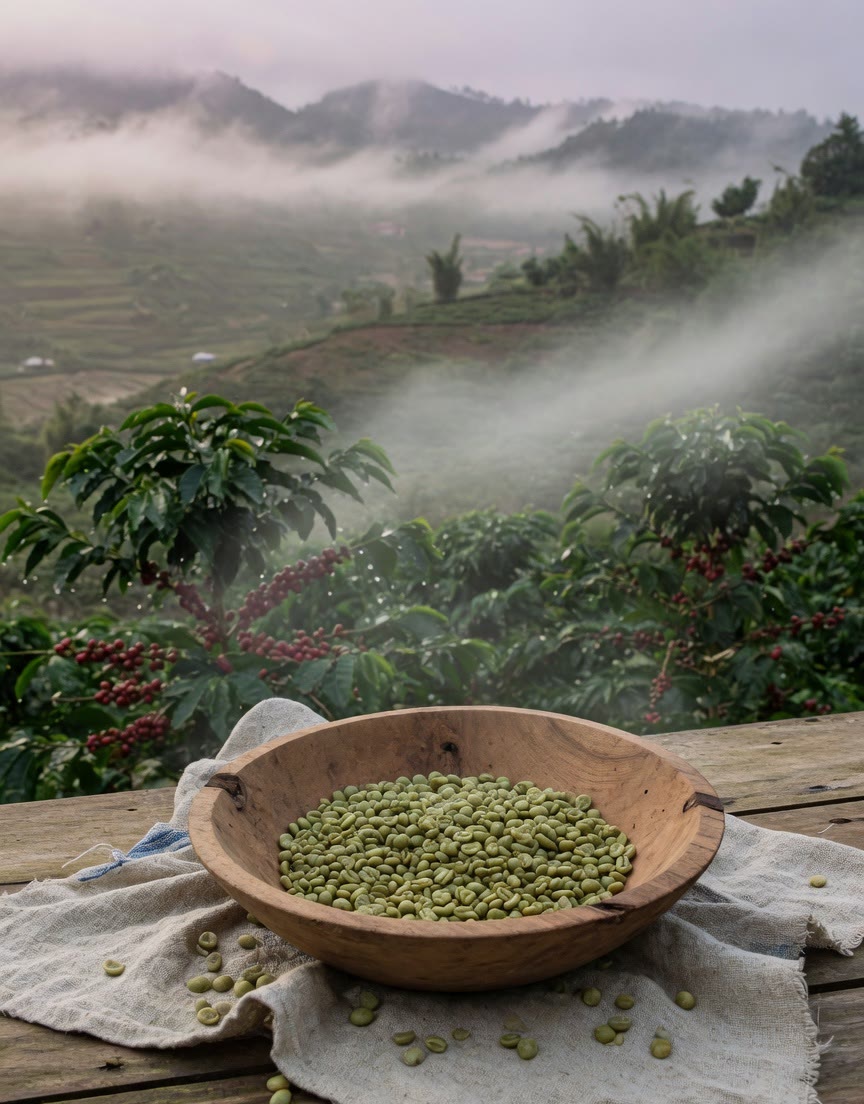 Wooden bowl of green coffee beans on a misty Northeast hillside.