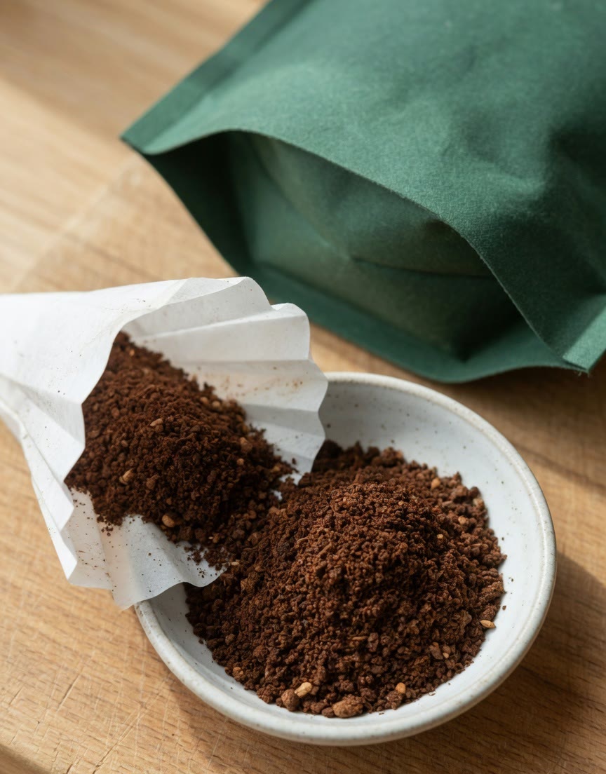 Freshly ground coffee in a ceramic bowl and paper filter cone.