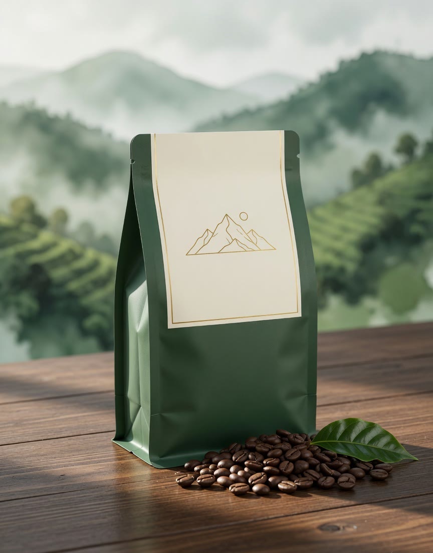 Matte forest-green pouch of roasted NorthEast Coffee beans on walnut wood, with misty hills behind.